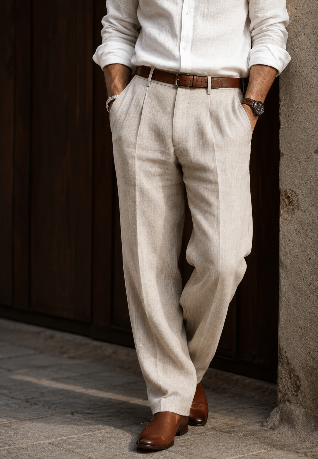 Herrenhose aus Leinen, gerader Schnitt mit Bundfalten – Manuel