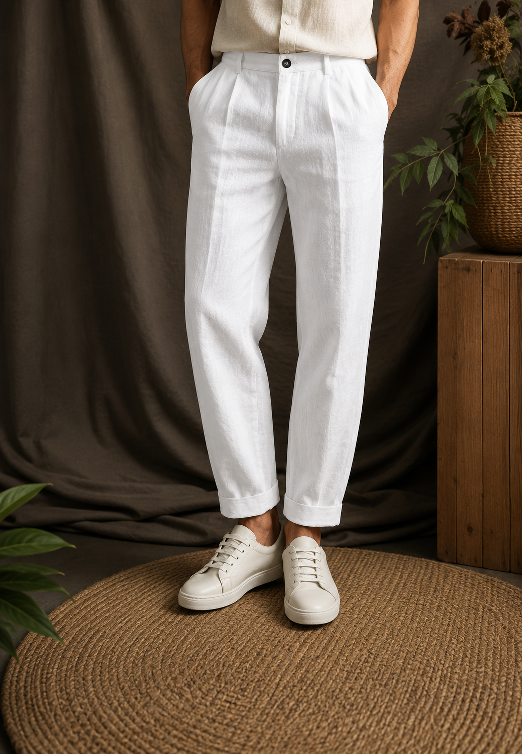Herrenhose aus Leinen mit Bundfalten, geradem Schnitt, Gürtelschlaufen und Seitentaschen – Rene