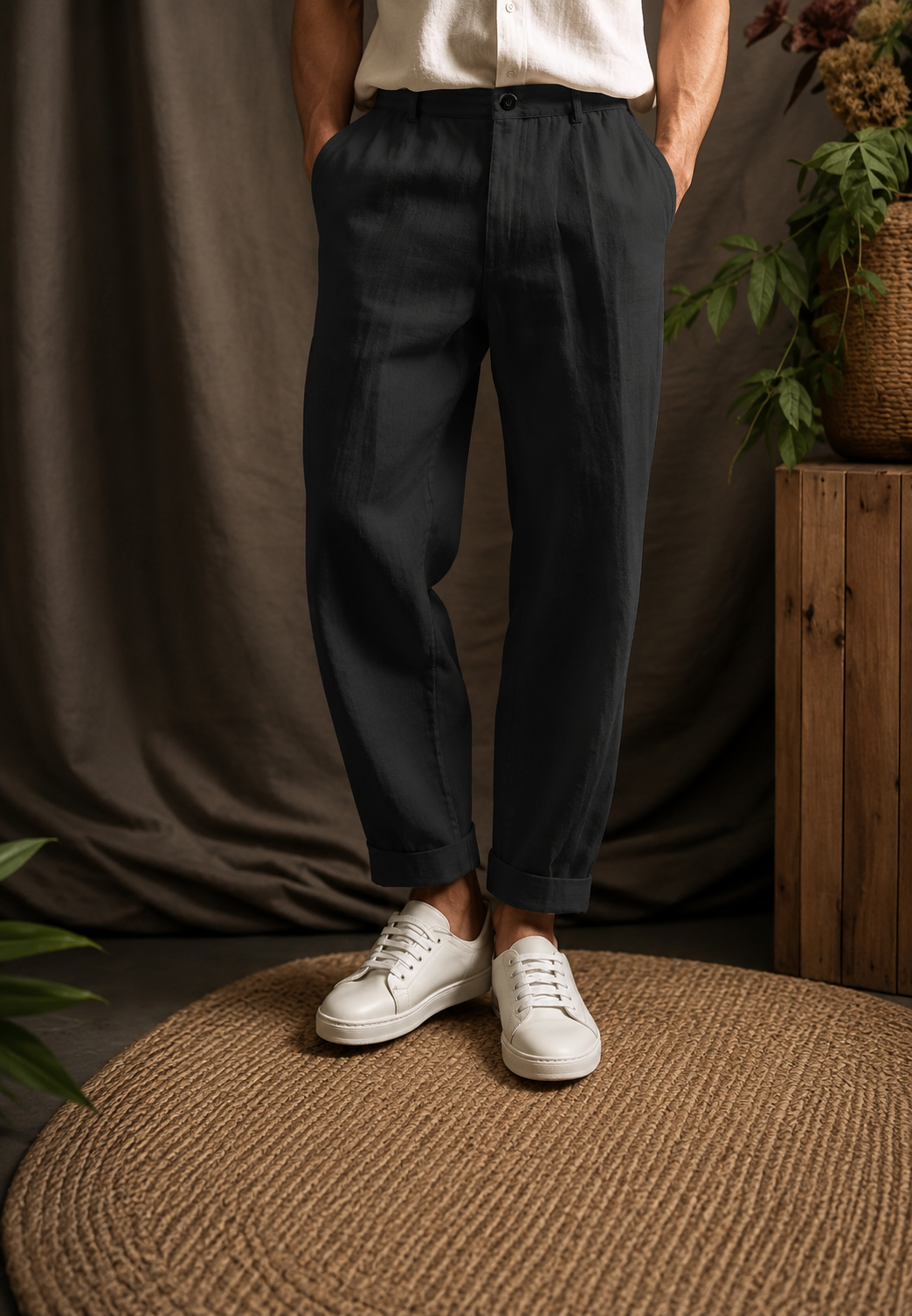 Herrenhose aus Leinen mit Bundfalten, geradem Schnitt, Gürtelschlaufen und Seitentaschen – Rene