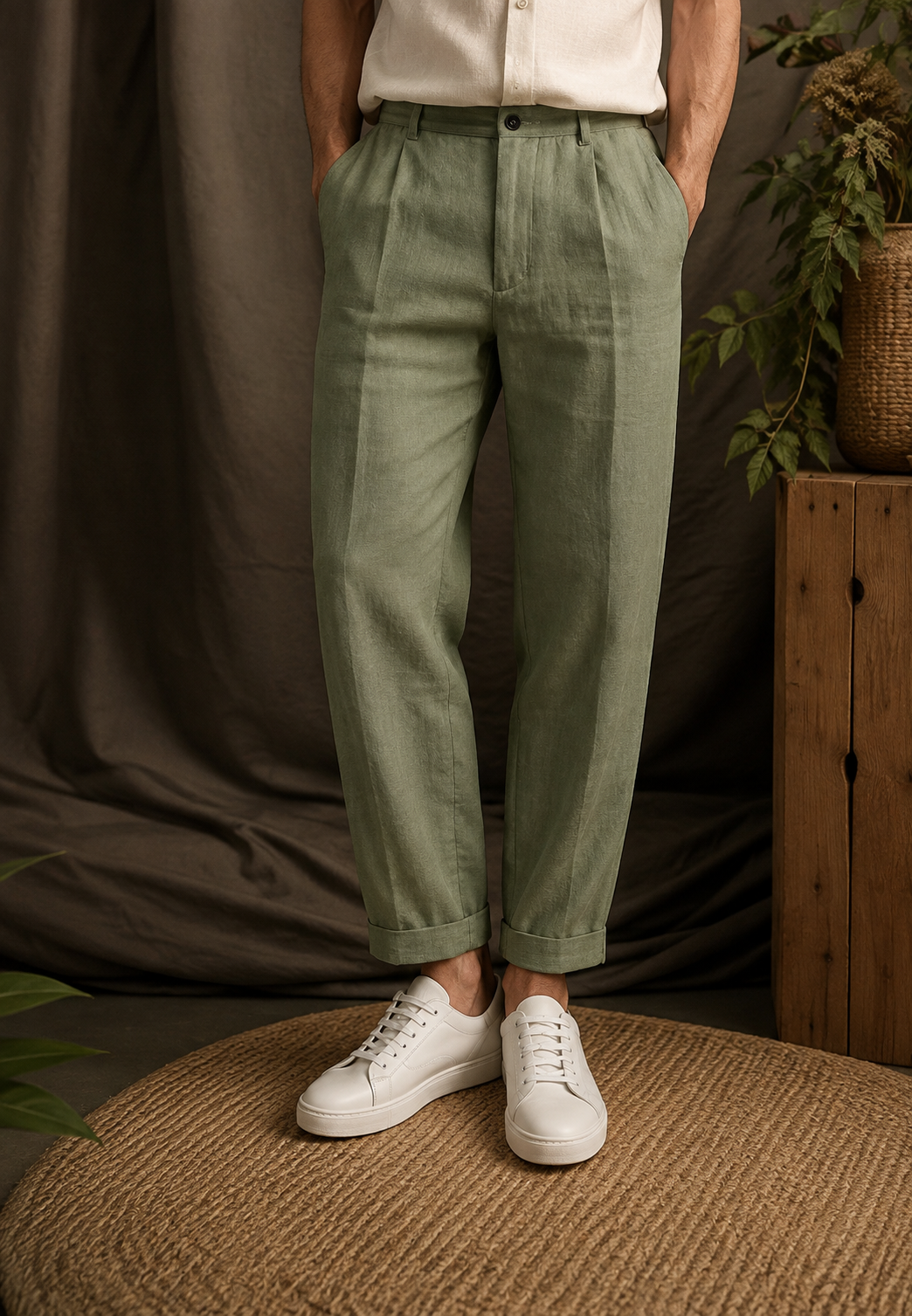 Herrenhose aus Leinen mit Bundfalten, geradem Schnitt, Gürtelschlaufen und Seitentaschen – Rene