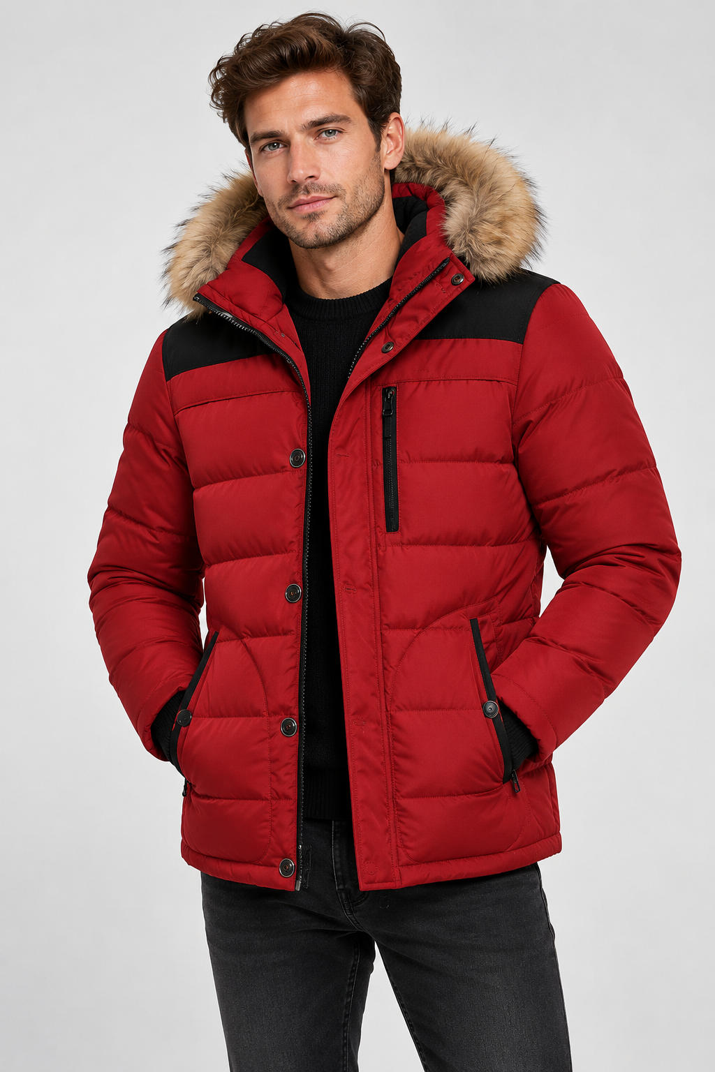 Blouson matelassé homme capuche bordée de fausse fourrure col montant - Aldren
