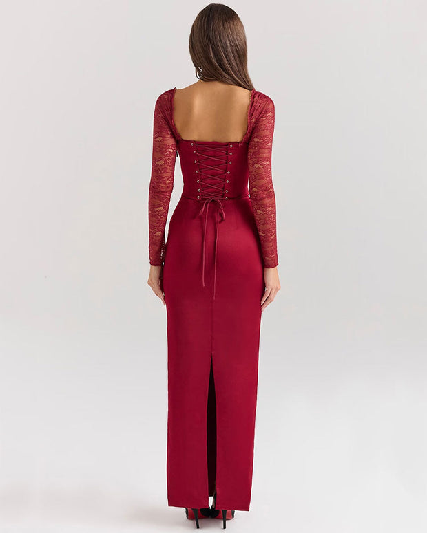Florence - Robe longue à manches longues en rouge vin et dentelle