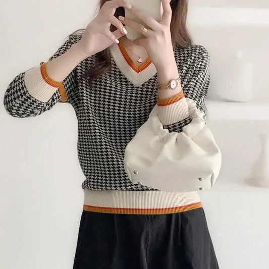 Pull pied-de-poule à col en V pour femme