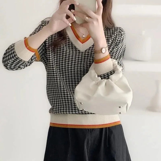 Pull pied-de-poule à col en V pour femme