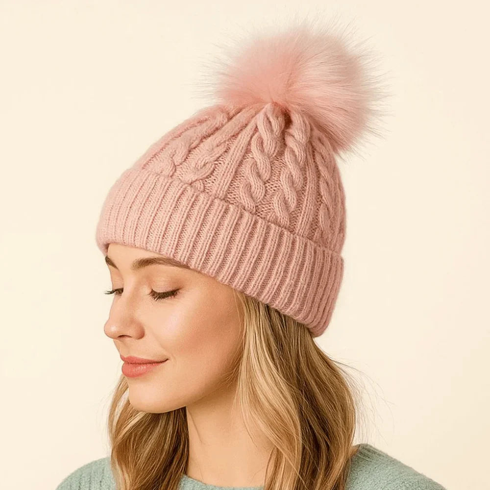 Damenstrickmütze mit Fleecefutter und Bommel - Sauly