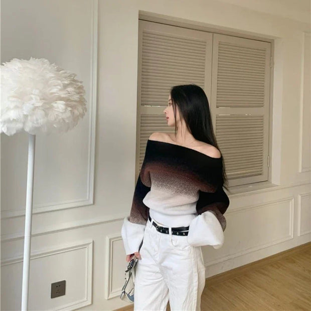Clarissa - Schulterfreier Gradient Flauschiger Strickpullover