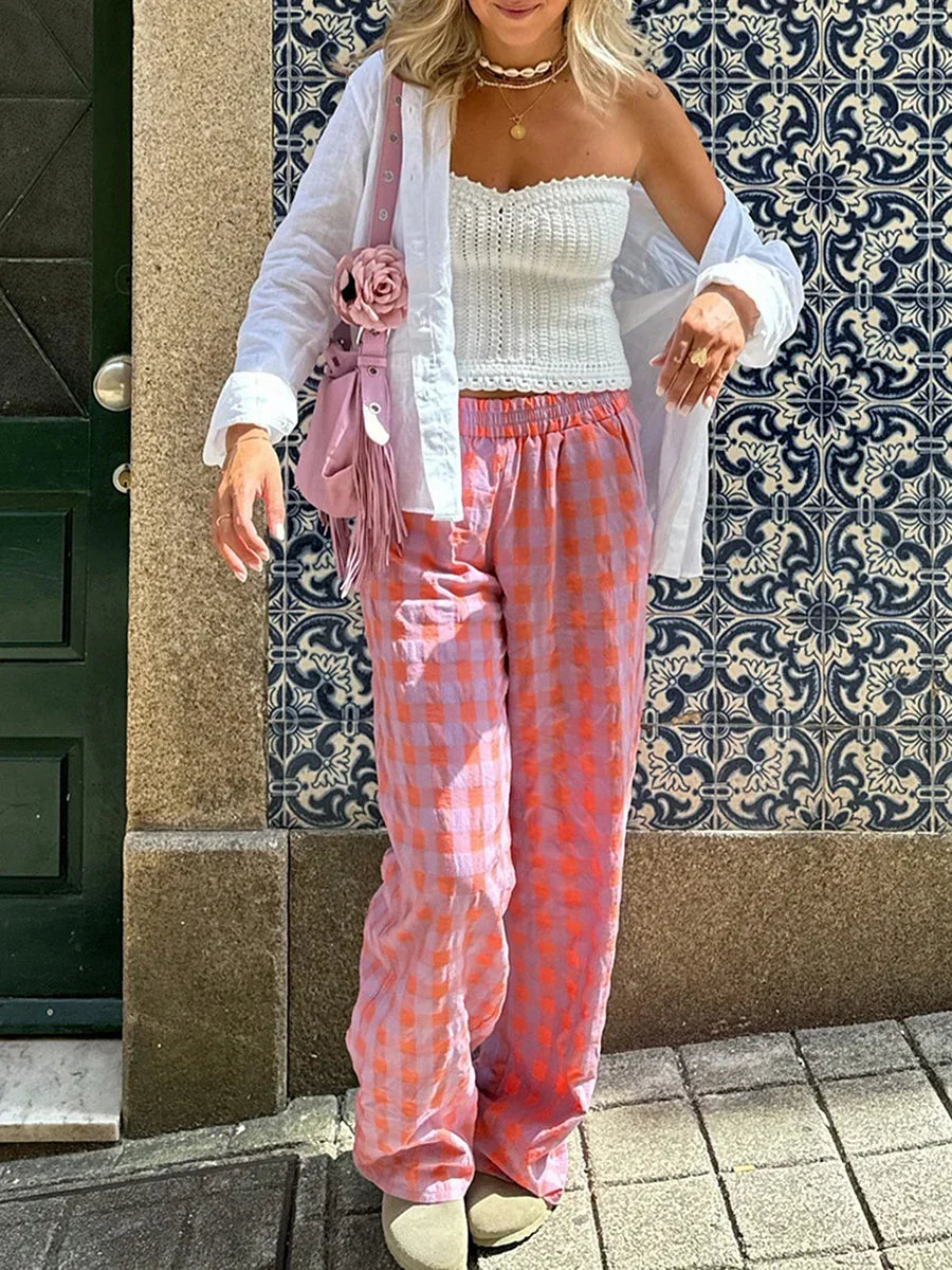 Karierte Damenhose mit hoher Leibhöhe und geradem Bein - Nara