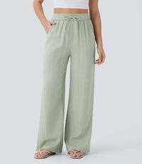 Pantalon large en lin pour femme, taille élastiquée et cordon de serrage ajustable - Brisa