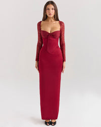 Florence - Robe longue à manches longues en rouge vin et dentelle