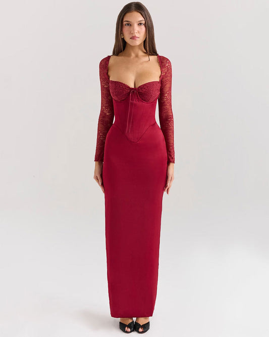 Florence - Robe longue à manches longues en rouge vin et dentelle