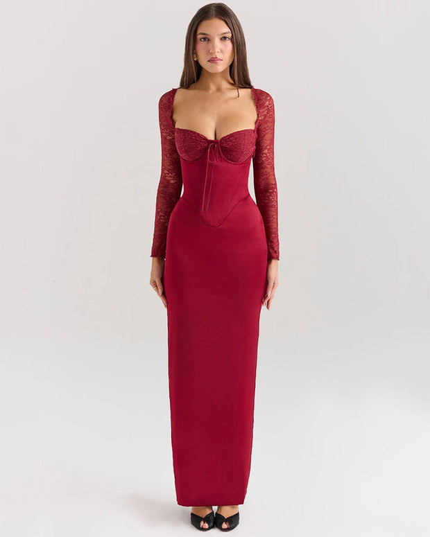 Florence - Robe longue à manches longues en rouge vin et dentelle