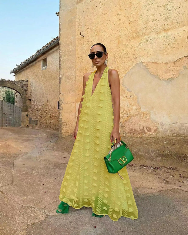 Fumina - Robe gâteau florale, col à la mode, balayage au sol