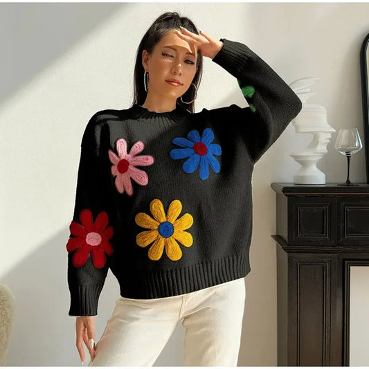 Farah - Pull en grosse maille avec applications florales voyantes