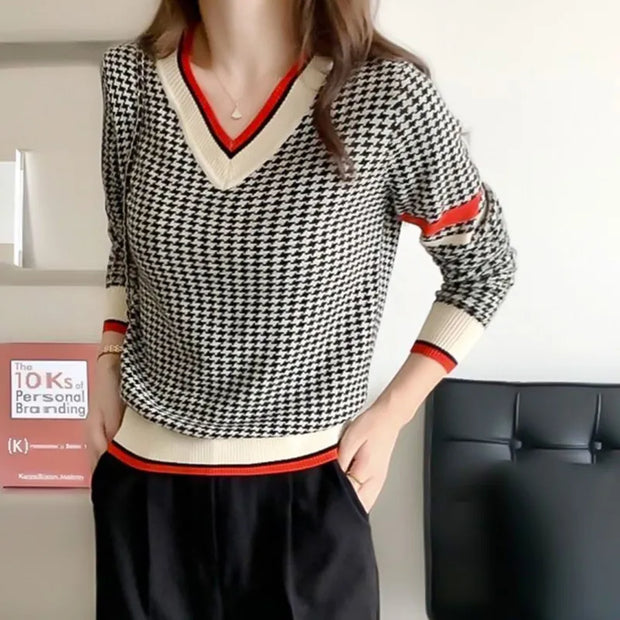 Pull pied-de-poule à col en V pour femme
