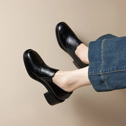 Mocassins en cuir pour femme avec talon large et bout rond - Maelle
