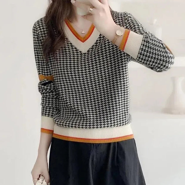 Pull pied-de-poule à col en V pour femme