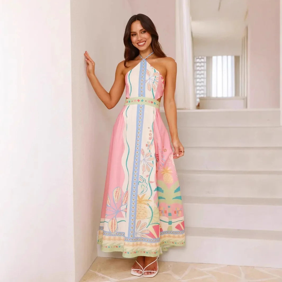 Valentina langes bedrucktes Kleid mit Neckholder-Ausschnitt für Frauen - Valentina