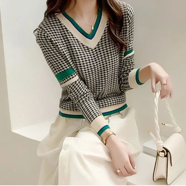 Pull pied-de-poule à col en V pour femme