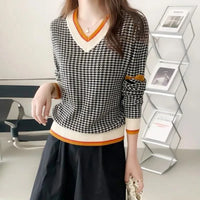 Pull pied-de-poule à col en V pour femme