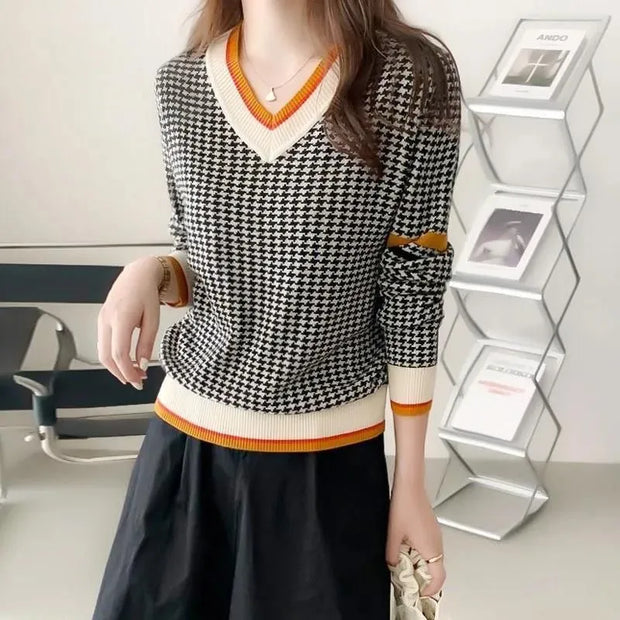 Pull pied-de-poule à col en V pour femme