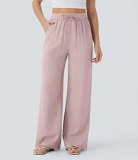 Pantalon large en lin pour femme, taille élastiquée et cordon de serrage ajustable - Brisa