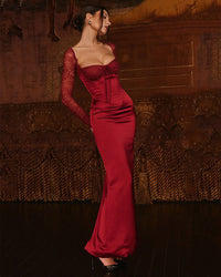 Florence - Robe longue à manches longues en rouge vin et dentelle