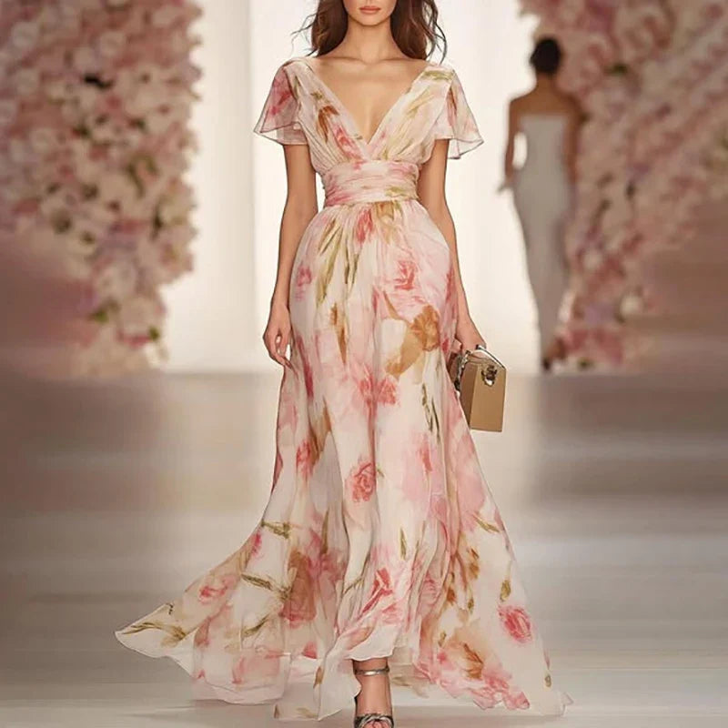 Langes Kleid mit Blumendruck und V-Ausschnitt - Isabella