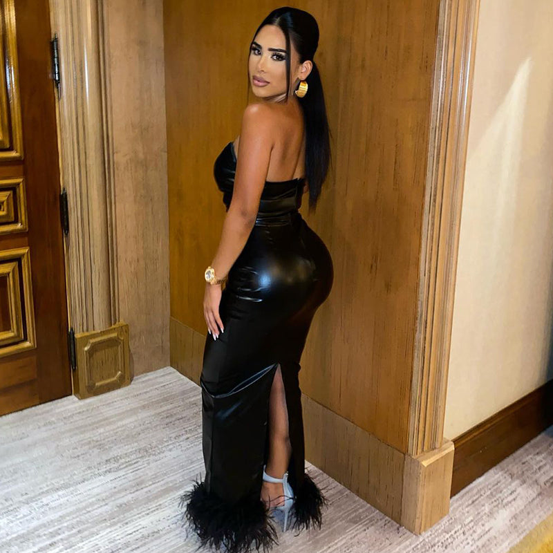 Marta - Schwarzes langes Kleid aus Pu-Leder für Frauen