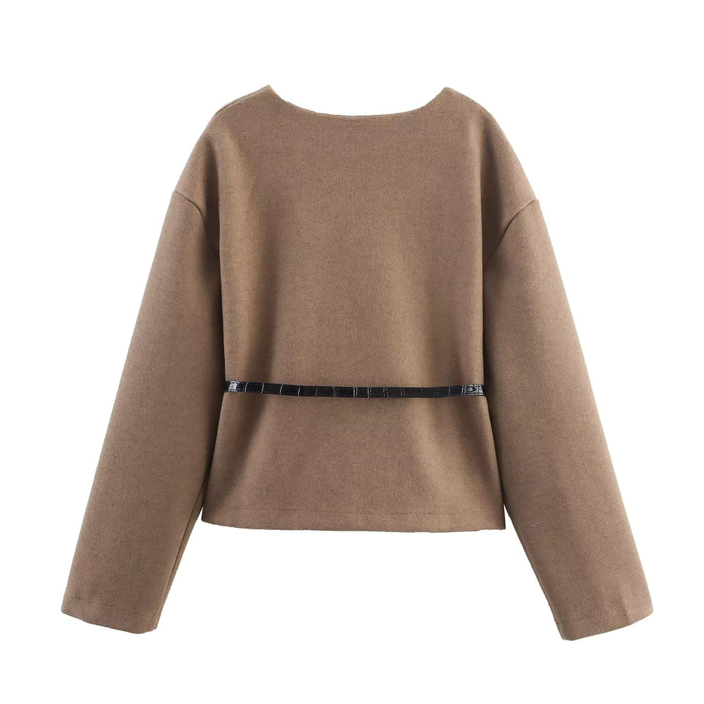 Kurze Damenjacke mit Gürtel und V-Ausschnitt – Irina