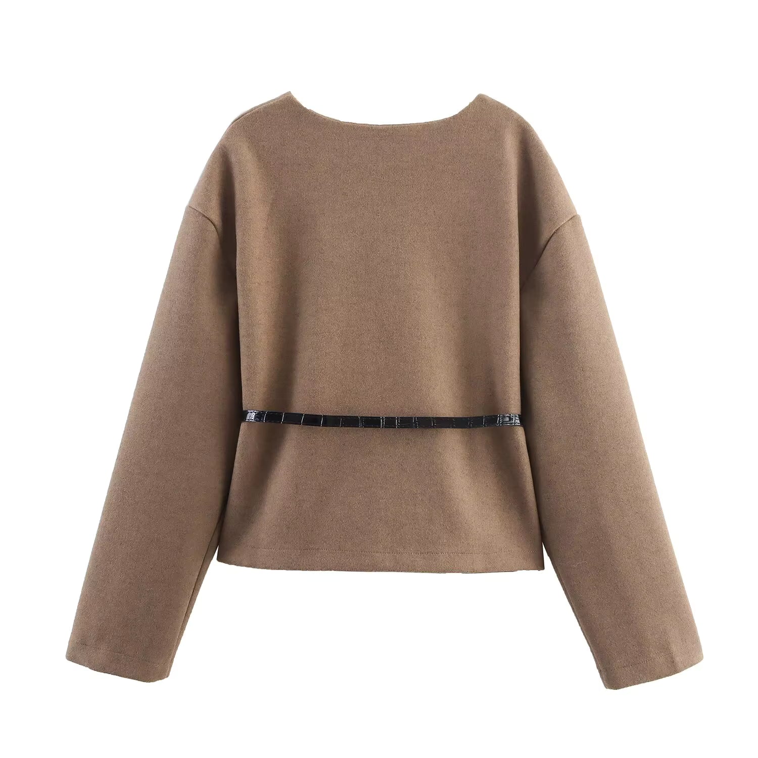 Kurze Damenjacke mit Gürtel und V-Ausschnitt – Irina