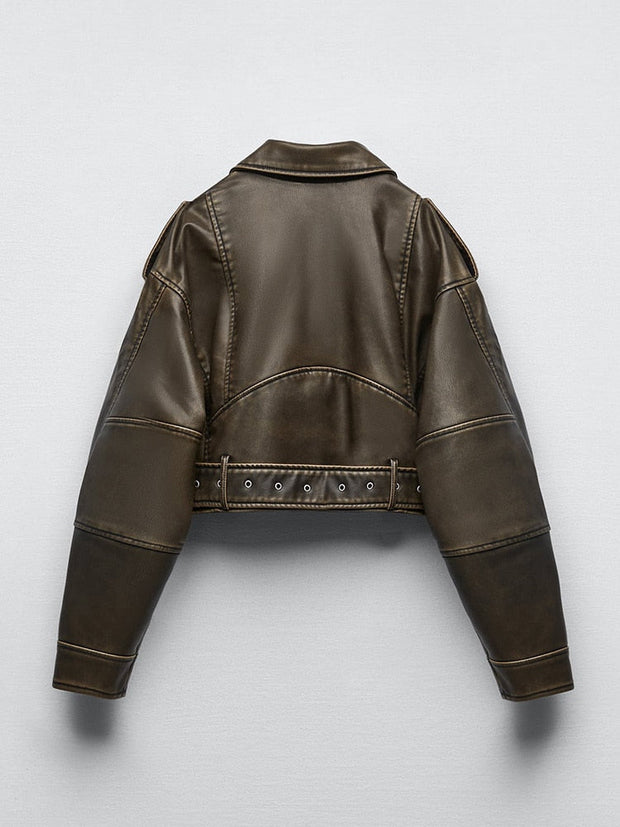 Classic Faux Leather Creation - Ladies Vintage Jacket with Belt