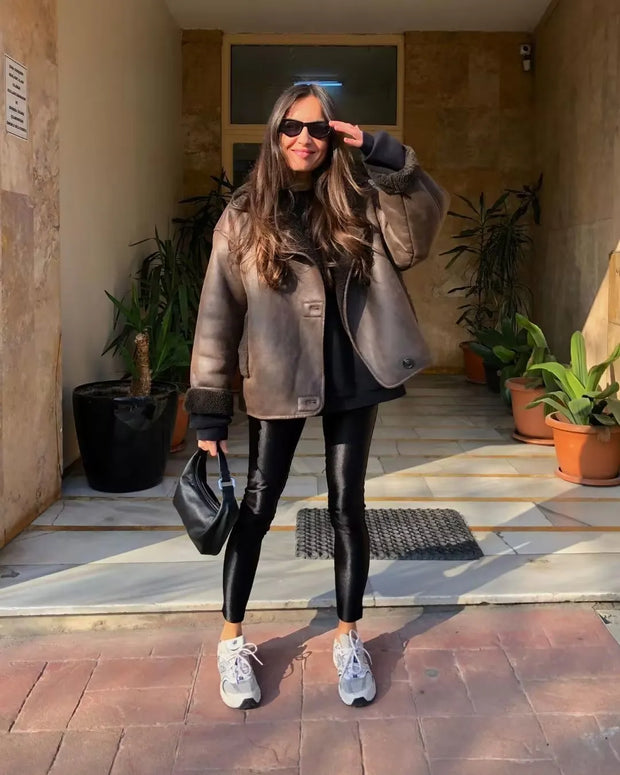 Veste Chaude en PU avec Poches pour Femme