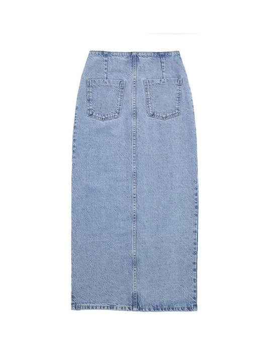 Jupe en jean longue rétro décontracté avec bouton pour femme