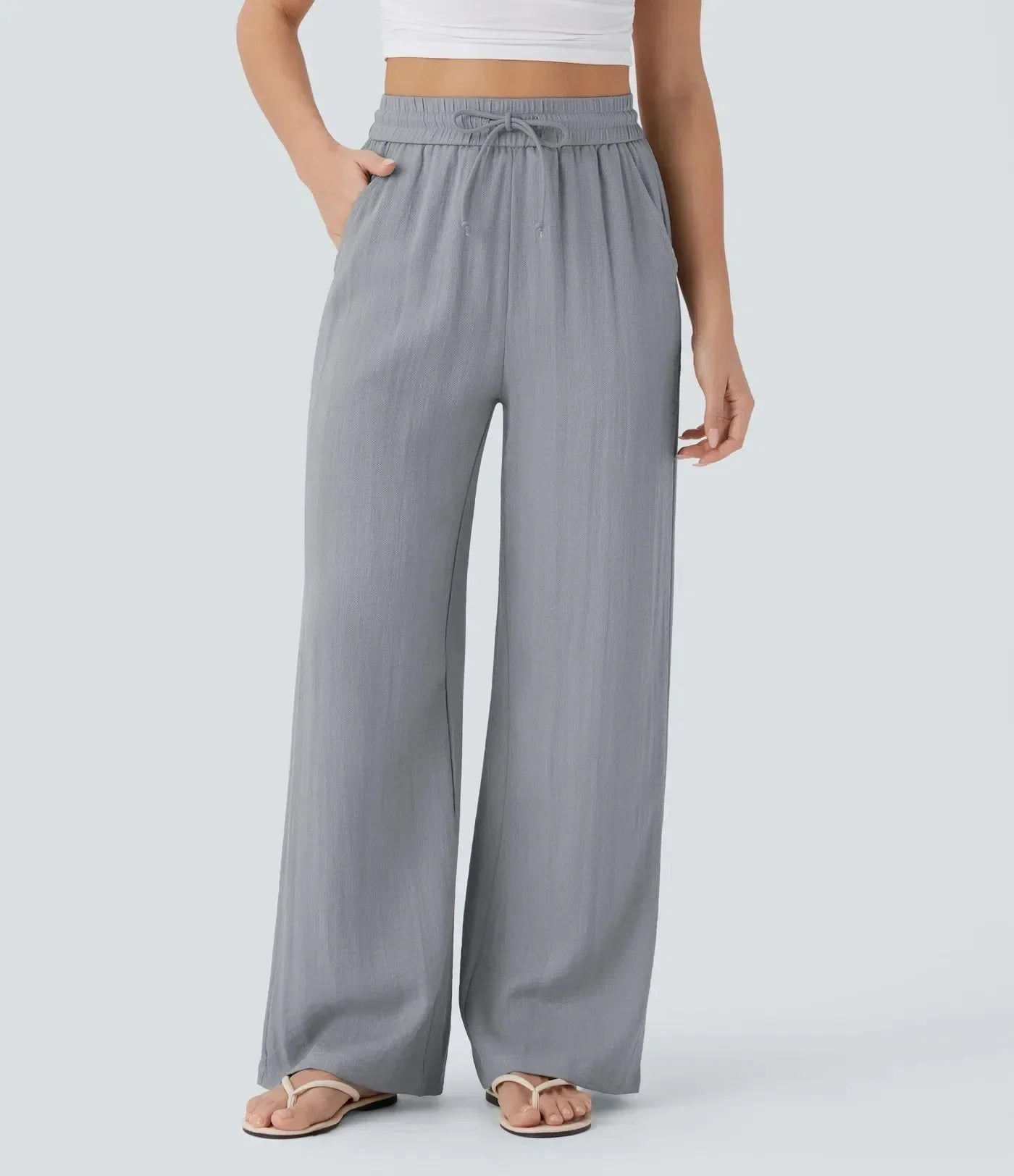 Weite Leinenhose für Damen mit Gummizug in der Taille und verstellbarem Kordelzug - Brisa