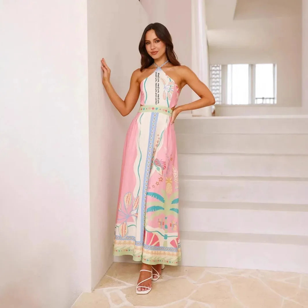 Valentina langes bedrucktes Kleid mit Neckholder-Ausschnitt für Frauen - Valentina