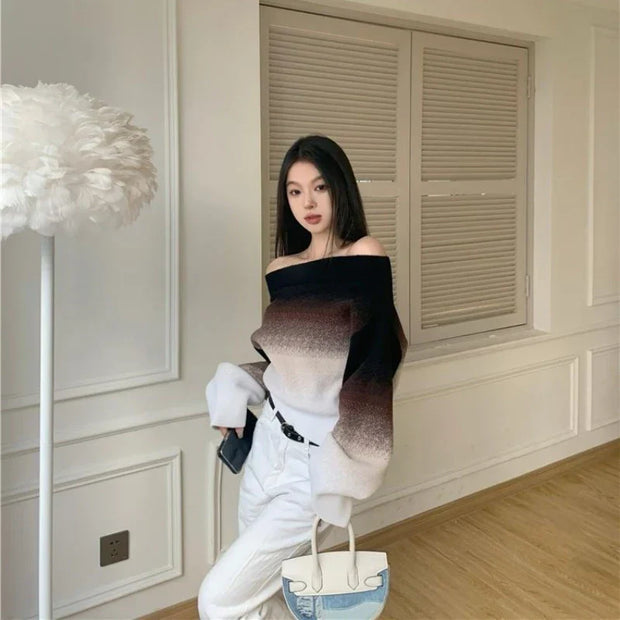 Clarissa - Schulterfreier Gradient Flauschiger Strickpullover