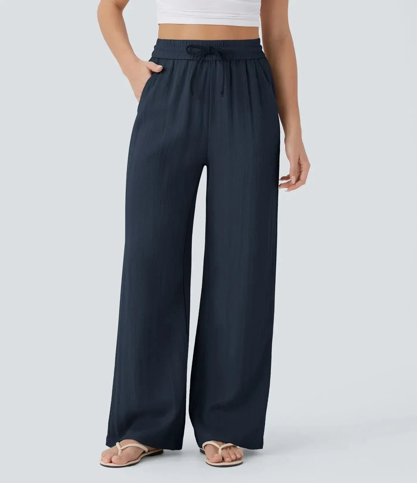 Weite Leinenhose für Damen mit Gummizug in der Taille und verstellbarem Kordelzug - Brisa