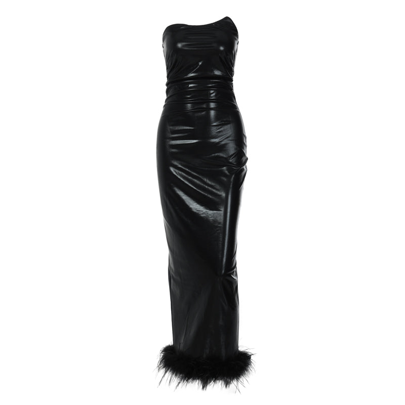 Marta - Schwarzes langes Kleid aus Pu-Leder für Frauen