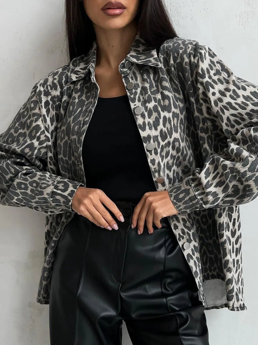 Veste en jean imprimé léopard - Elarine