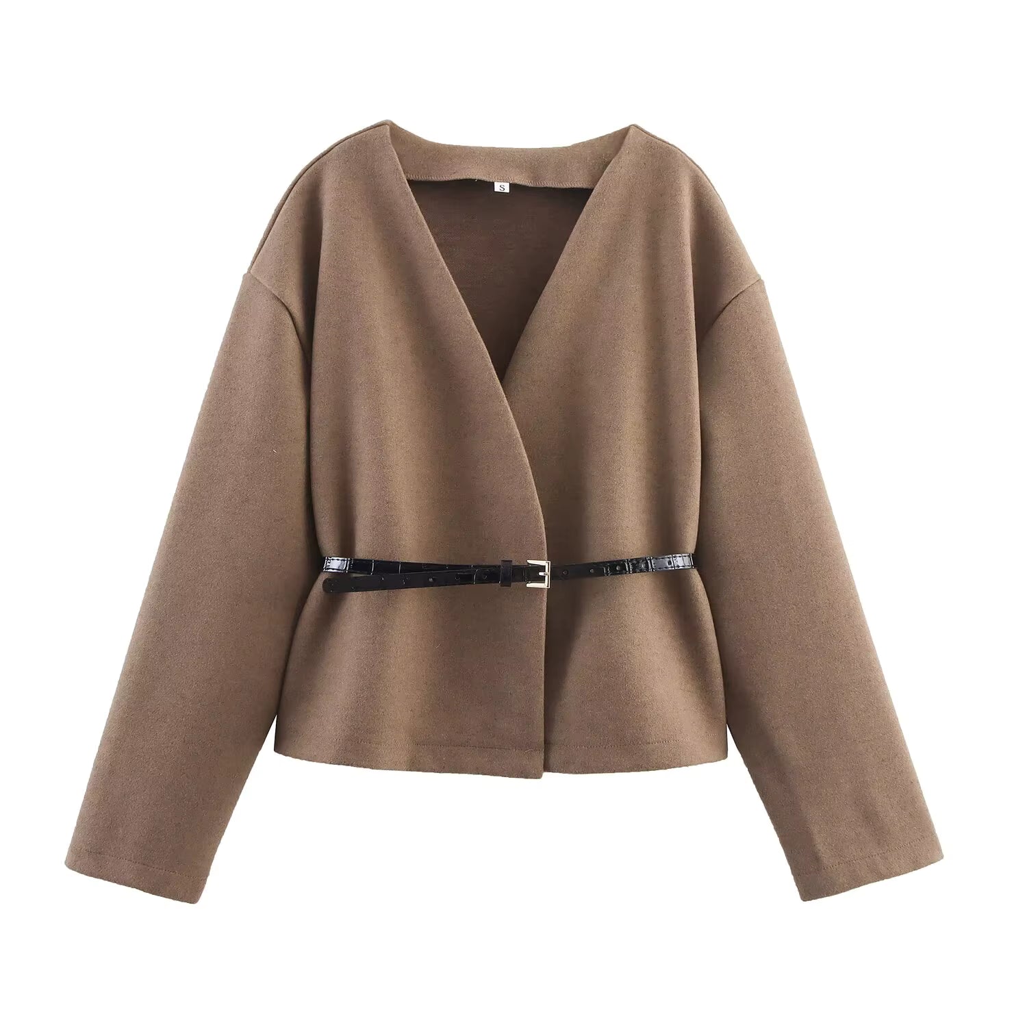 Kurze Damenjacke mit Gürtel und V-Ausschnitt – Irina