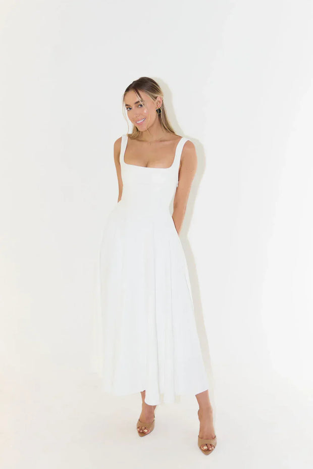 Melody - Nouvelle robe bustier longueur midi, simple et ajustée