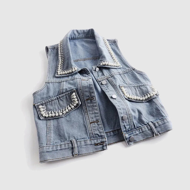 Lexy - Cardigan en denim enveloppé avec perles
