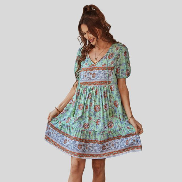 Glenda - Boho-chic floral dress with high waist