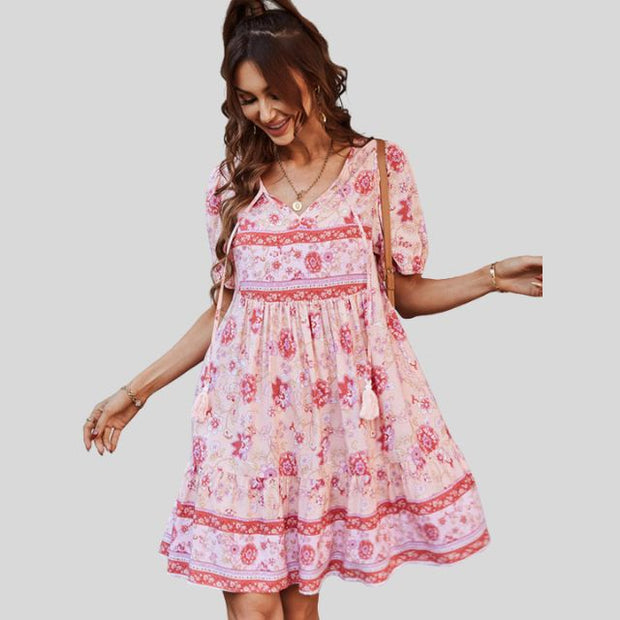 Glenda - Boho-chic floral dress with high waist