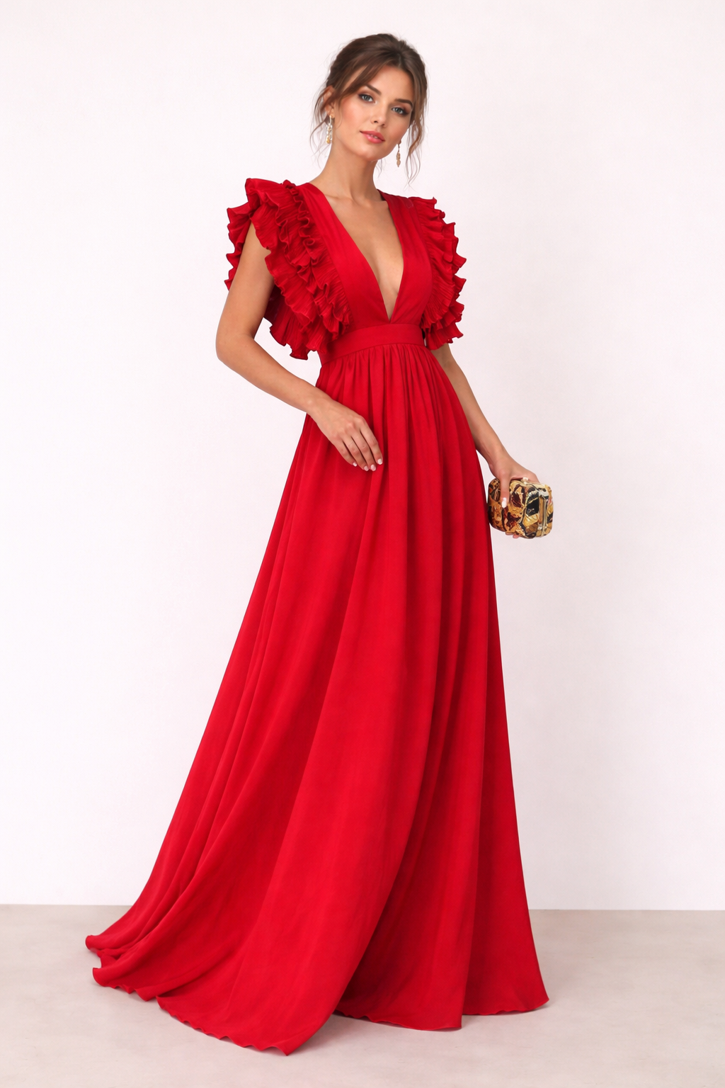 Langes Damen Partykleid V Ausschnitt kurze Ärmel Rüschen Maxischnitt - Serilda