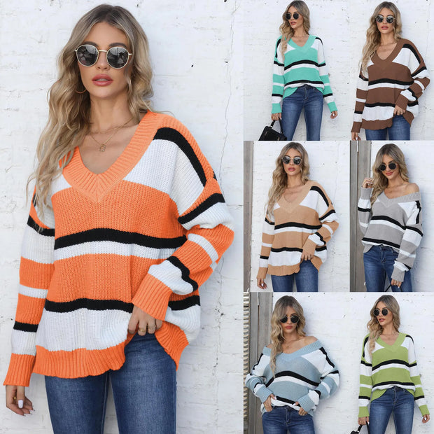 Emma - Lässiger V-Ausschnitt Pullover mit Kontraststreifen