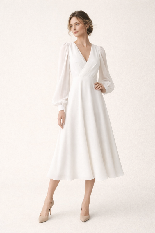 Robe longue avec col en V et manches longues bouffantes - Elsa