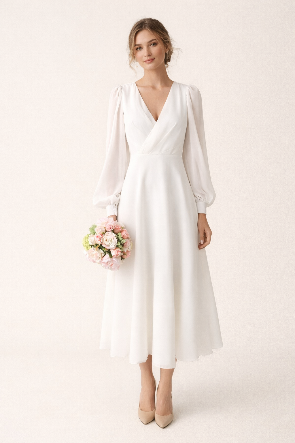 Langes Kleid mit V-Ausschnitt und langen Puffärmeln - Elsa