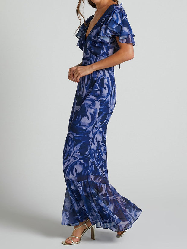 Sarah - Robe longue en mousseline de soie imprimée avec décolleté en V