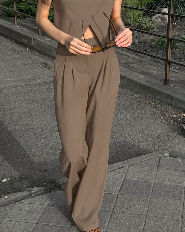 Ensemble sans manches femme - Top structuré + pantalon fluide marron - Siena